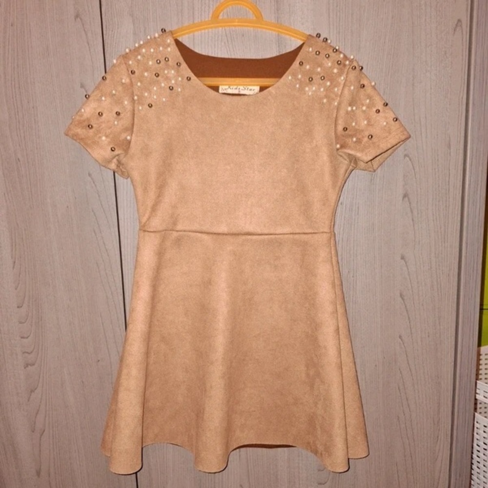 Stylish Kids Tan Dress with Pearl Accents